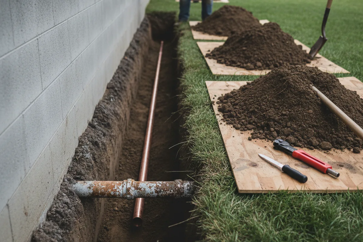 Excavated water line trench during Sewer Line Repair in Holly Springs